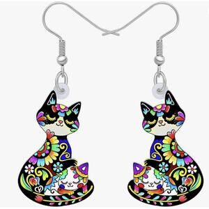 Colorful Folk Art Cat Earrings Acrylic Boho Dangle Jewelry Gift for Cat Lovers